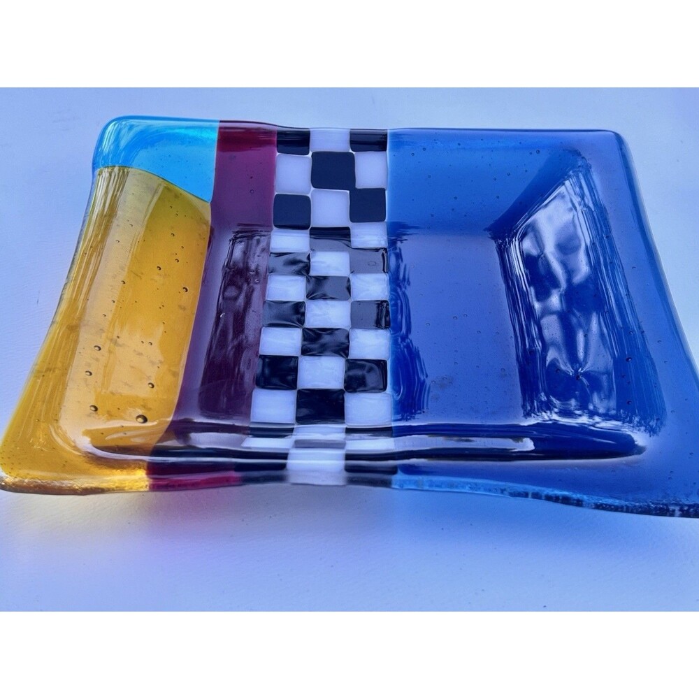 Vinatge Fused Glass Handmade Checkered Colorful Catch All Or Candy Dish 7x7